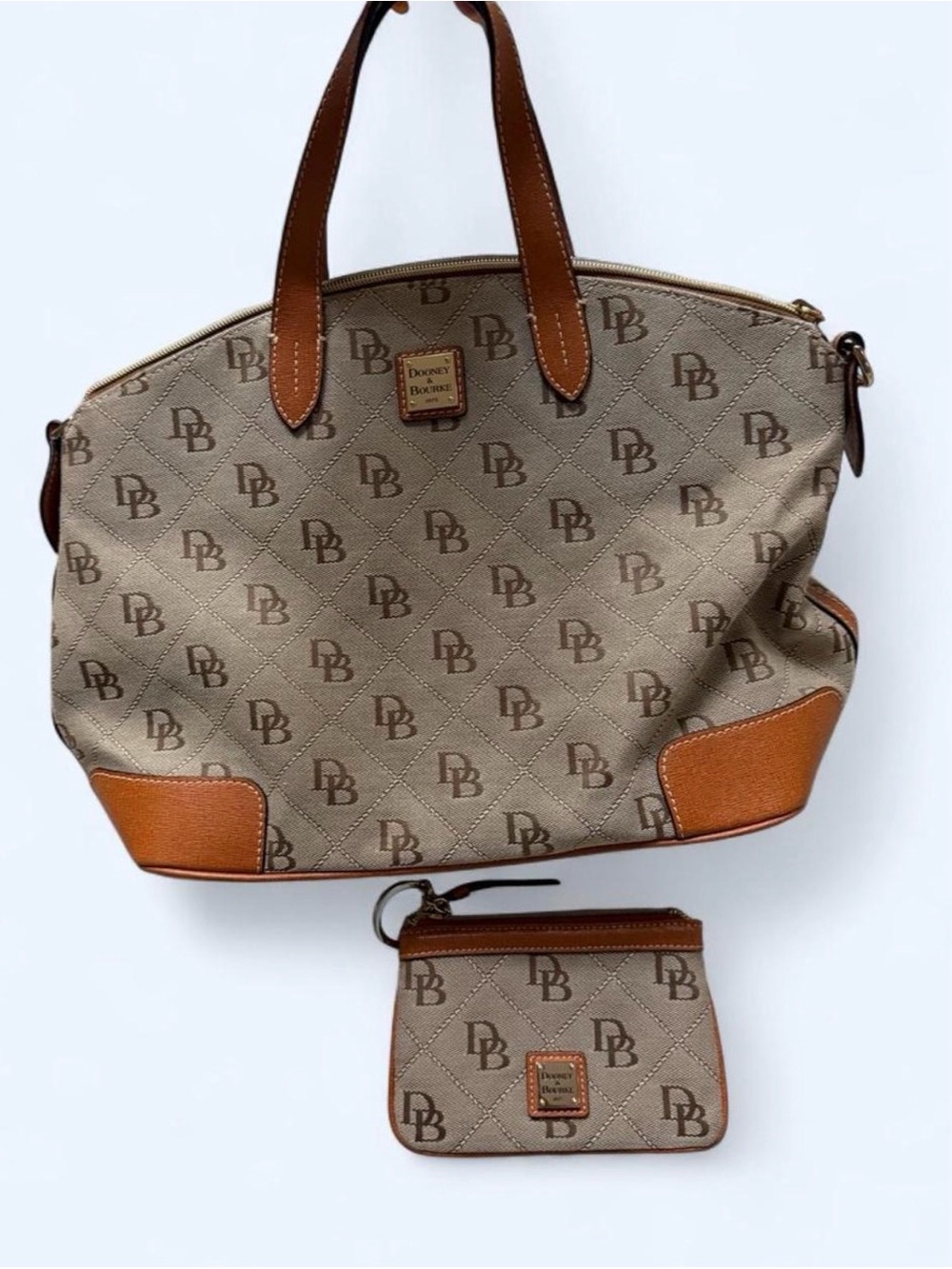 Dooney & Bourke Tan and Brown Logo-Print Satchel with Matching Pouch